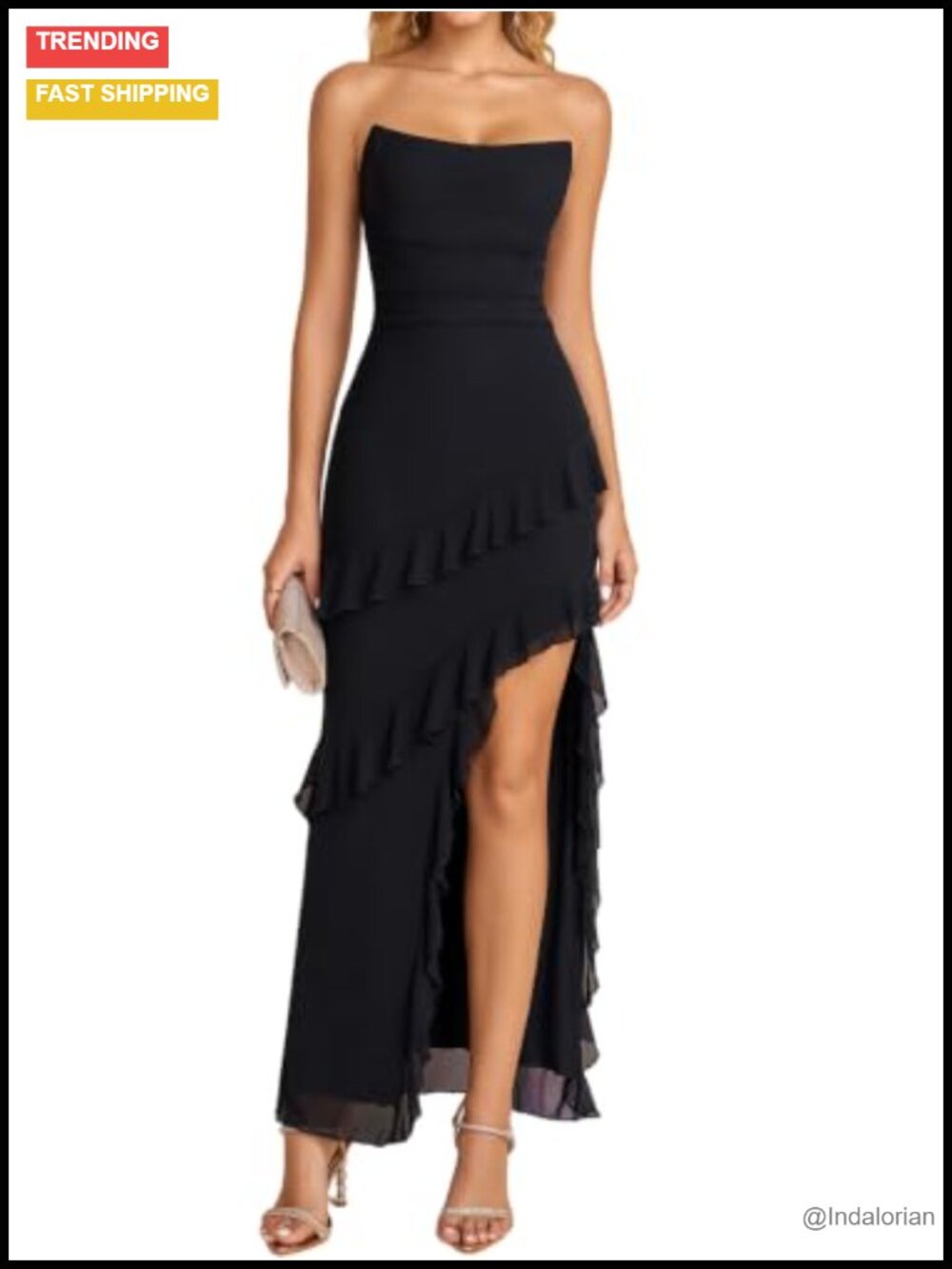 Stretch Mesh Corset Ruffle Slit Strapless Bodycon Maxi Formal Dress